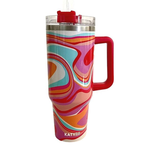 Katydid Large 40 oz Insulated Tumbler Mug w/ Handle Straw Groovy Swirles Design - Picture 2 of 8